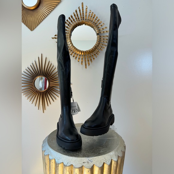 ZARA - Black Over The Knee Lug Sole Boots - Picture 2 of 9